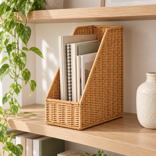 Handwoven Wicker File Organizer Basket, Vertical Rattan Magazine Holder with Open Top for Letters, Documents & Desk Home Office Storage -ZENG-091624 Main Image