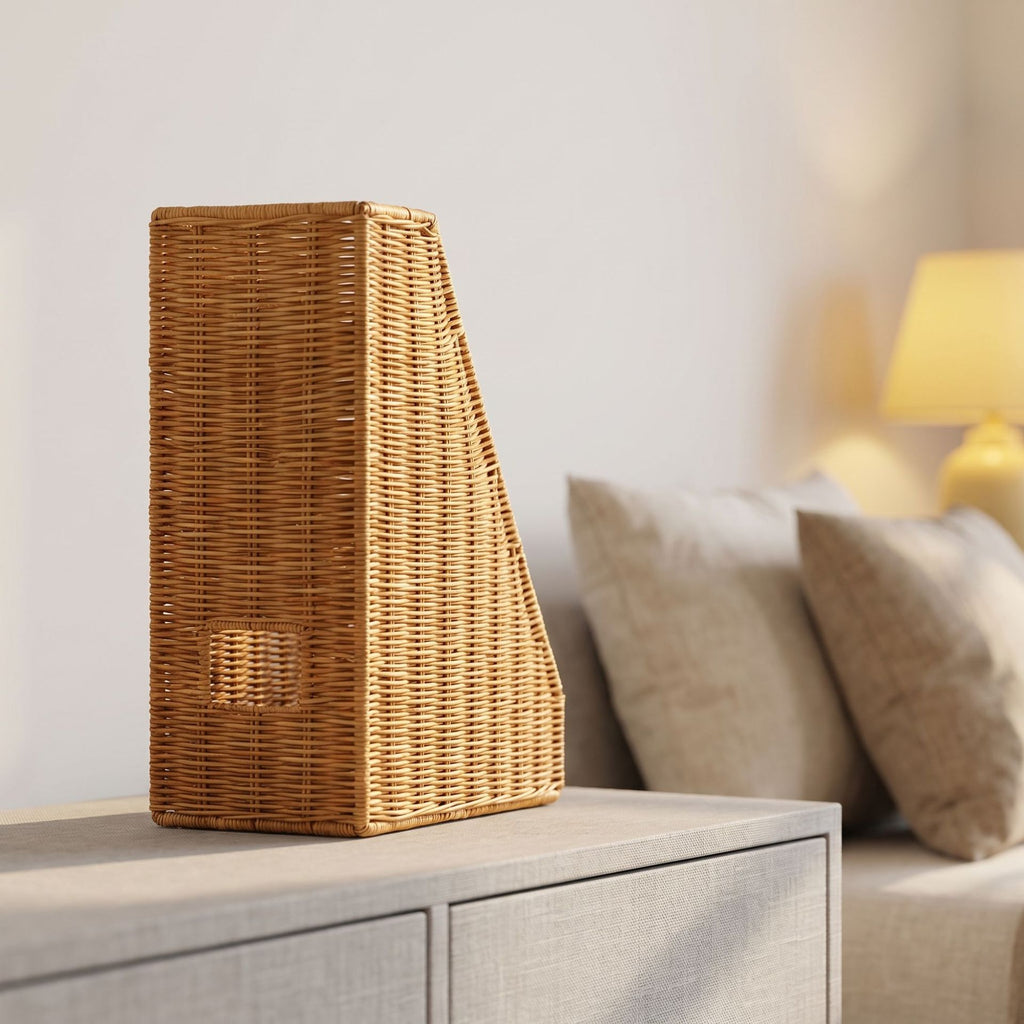 Handwoven Wicker File Organizer Basket, Vertical Rattan Magazine Holder with Open Top for Letters, Documents & Desk Home Office Storage -ZENG-091624