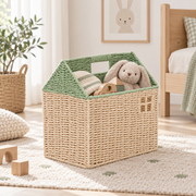 House Shaped Woven Storage Basket with Window Cutouts, Handmade Rattan Organizer with Green Trim for Books, Toys & Nursery Decor -ZENG-091808