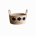 Handwoven Straw Storage Basket with Black Diamond Pattern & Rope Handles, Natural Seagrass Woven Blanket Basket for Living Room & Bedroom -ZENG-091702