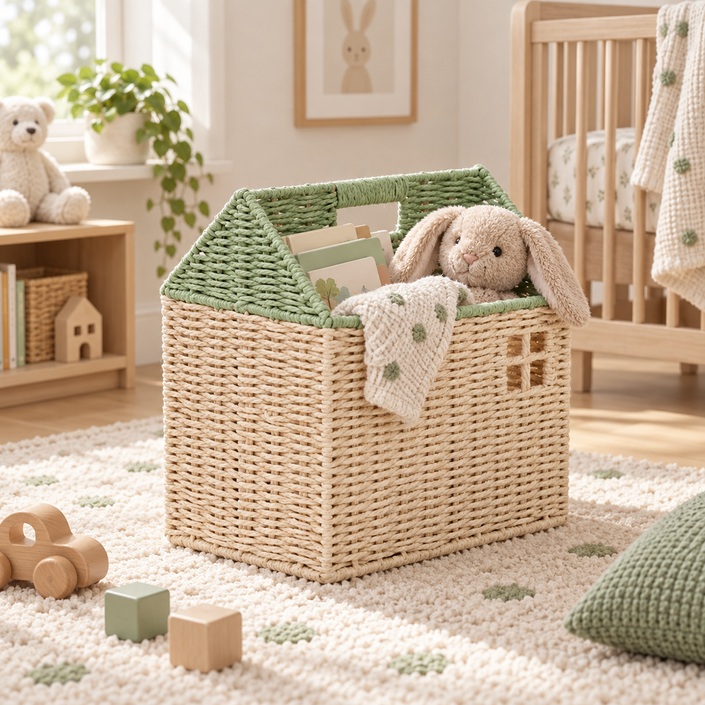 House Shaped Woven Storage Basket with Window Cutouts, Handmade Rattan Organizer with Green Trim for Books, Toys & Nursery Decor -ZENG-091808