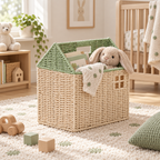House Shaped Woven Storage Basket with Window Cutouts, Handmade Rattan Organizer with Green Trim for Books, Toys & Nursery Decor -ZENG-091808