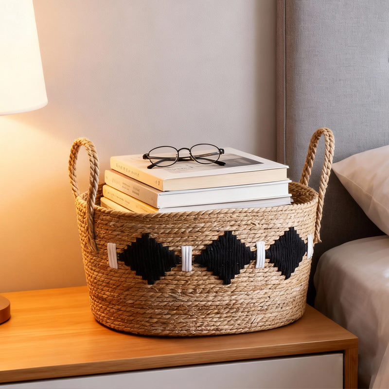 Handwoven Straw Storage Basket with Black Diamond Pattern & Rope Handles, Natural Seagrass Woven Blanket Basket for Living Room & Bedroom -ZENG-091702