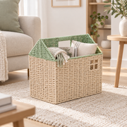 House Shaped Woven Storage Basket with Window Cutouts, Handmade Rattan Organizer with Green Trim for Books, Toys & Nursery Decor -ZENG-091808