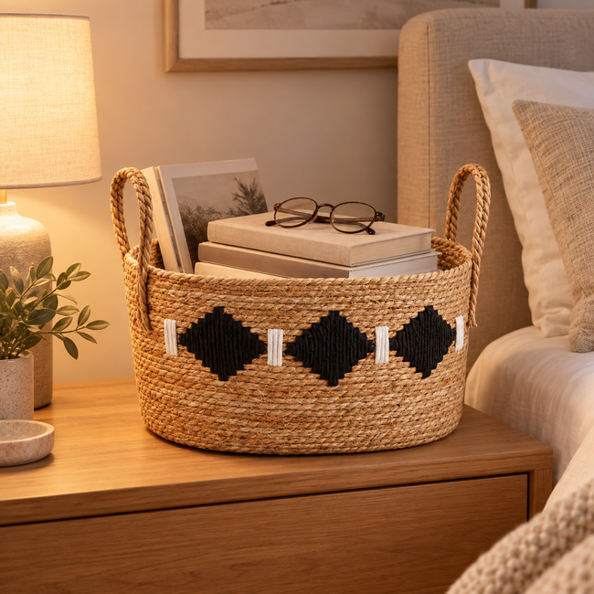 Handwoven Straw Storage Basket with Black Diamond Pattern & Rope Handles, Natural Seagrass Woven Blanket Basket for Living Room & Bedroom -ZENG-091702 Main Image