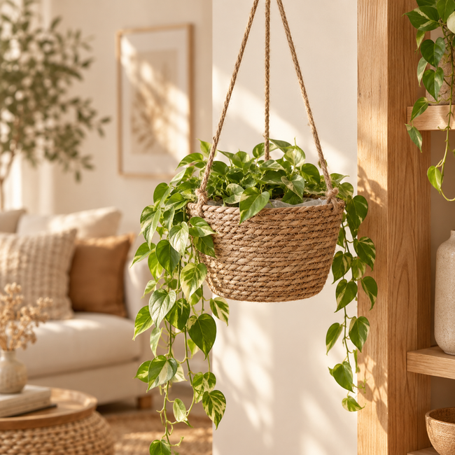 Handwoven Seagrass Hanging Planter Basket with Jute Rope, Woven Plant Pot Cover for Indoor Outdoor Hanging Plants, Boho Home Decor -ZENG-091601 Hover Image