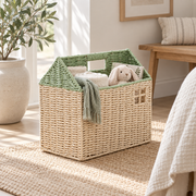 House Shaped Woven Storage Basket with Window Cutouts, Handmade Rattan Organizer with Green Trim for Books, Toys & Nursery Decor -ZENG-091808