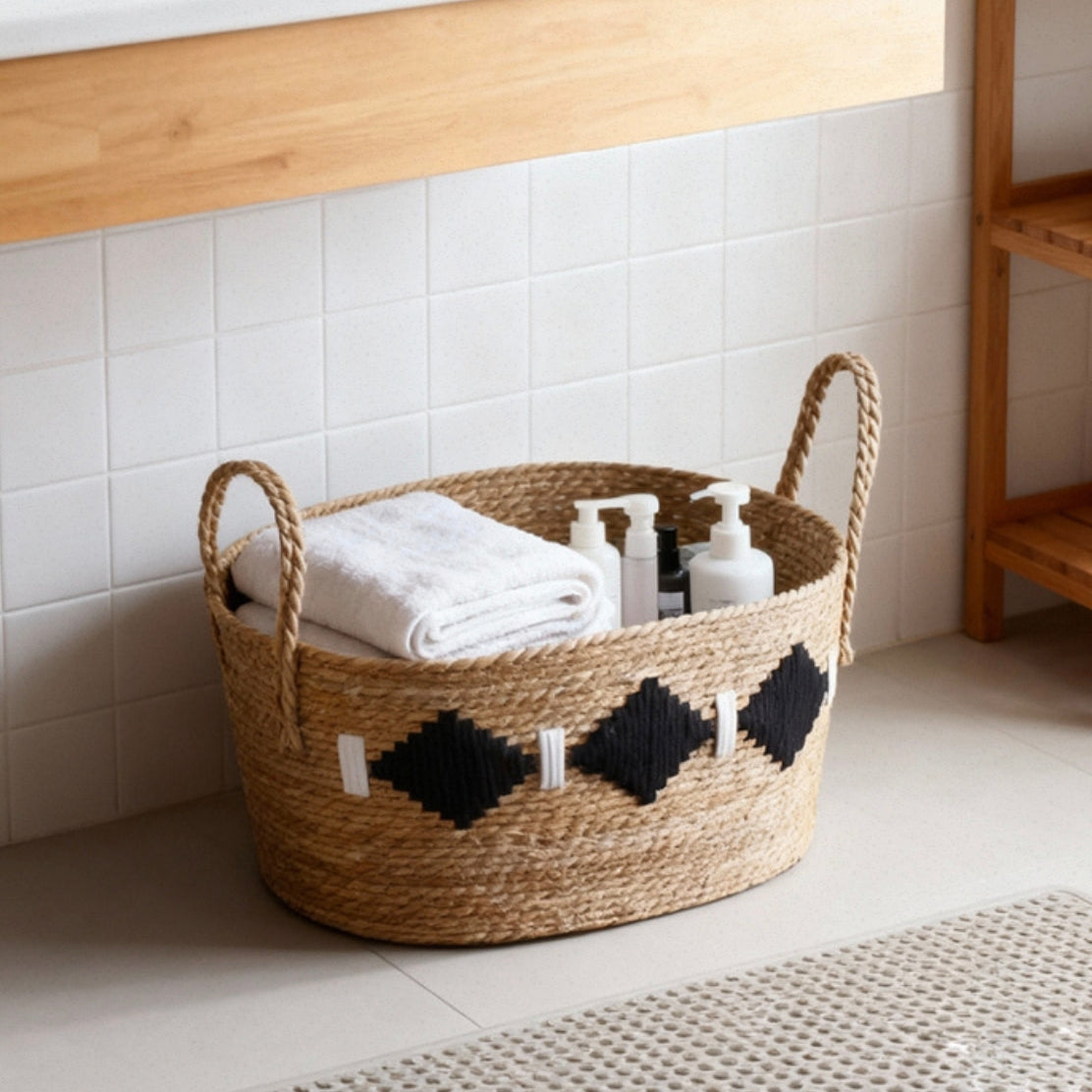 Handwoven Straw Storage Basket with Black Diamond Pattern & Rope Handles, Natural Seagrass Woven Blanket Basket for Living Room & Bedroom -ZENG-091702