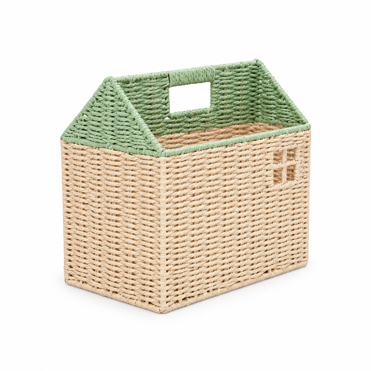 House Shaped Woven Storage Basket with Window Cutouts, Handmade Rattan Organizer with Green Trim for Books, Toys & Nursery Decor -ZENG-091808