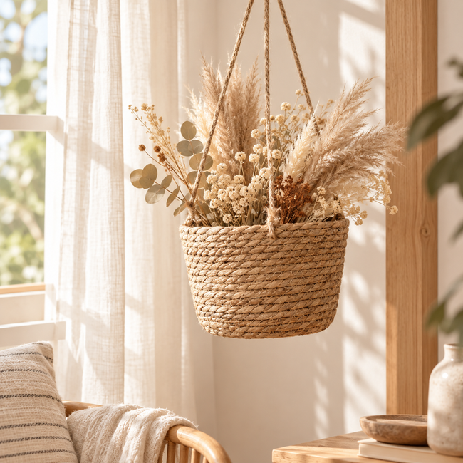 Handwoven Seagrass Hanging Planter Basket with Jute Rope, Woven Plant Pot Cover for Indoor Outdoor Hanging Plants, Boho Home Decor -ZENG-091601 Main Image
