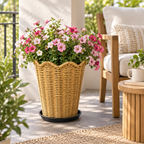 Tall Tapered Woven Planter Basket with Scalloped Rim & Tray, Handwoven Rattan Plant Pot Cover for Pampas Grass, Flowers & Indoor Outdoor Decor -ZENG-092402