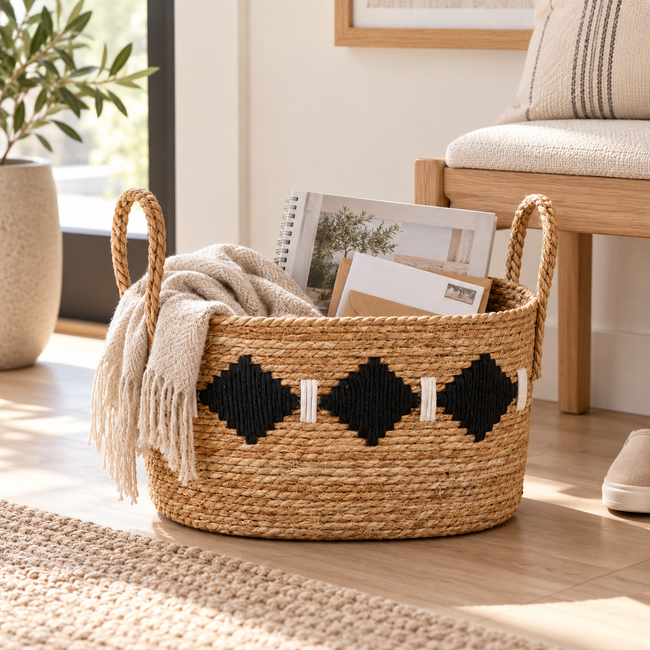 Handwoven Straw Storage Basket with Black Diamond Pattern & Rope Handles, Natural Seagrass Woven Blanket Basket for Living Room & Bedroom -ZENG-091702 Hover Image