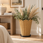 Tall Tapered Woven Planter Basket with Scalloped Rim & Tray, Handwoven Rattan Plant Pot Cover for Pampas Grass, Flowers & Indoor Outdoor Decor -ZENG-092402