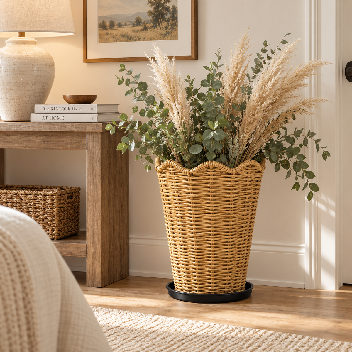 Tall Tapered Woven Planter Basket with Scalloped Rim & Tray, Handwoven Rattan Plant Pot Cover for Pampas Grass, Flowers & Indoor Outdoor Decor -ZENG-092402