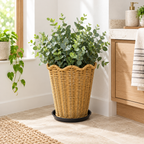 Tall Tapered Woven Planter Basket with Scalloped Rim & Tray, Handwoven Rattan Plant Pot Cover for Pampas Grass, Flowers & Indoor Outdoor Decor -ZENG-092402