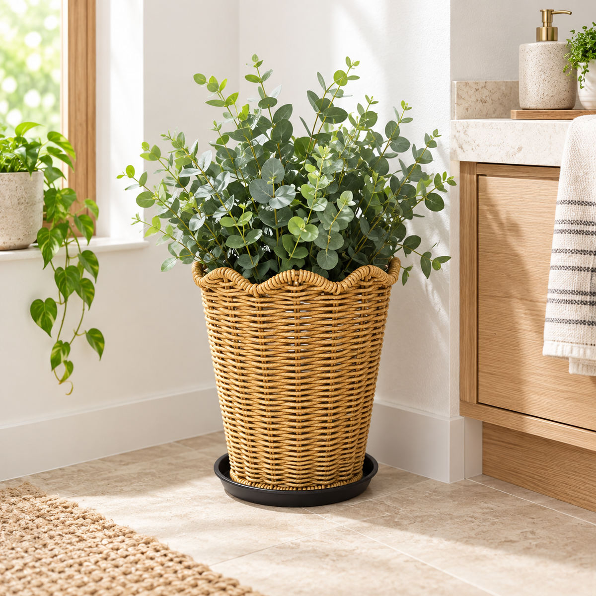 Tall Tapered Woven Planter Basket with Scalloped Rim & Tray, Handwoven Rattan Plant Pot Cover for Pampas Grass, Flowers & Indoor Outdoor Decor -ZENG-092402