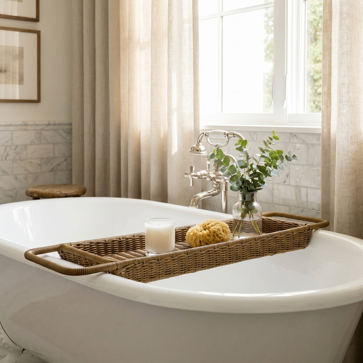 Woven Bathtub Tray with Handles – Spa Bath Caddy & Multipurpose Countertop Organizer-cc-091717