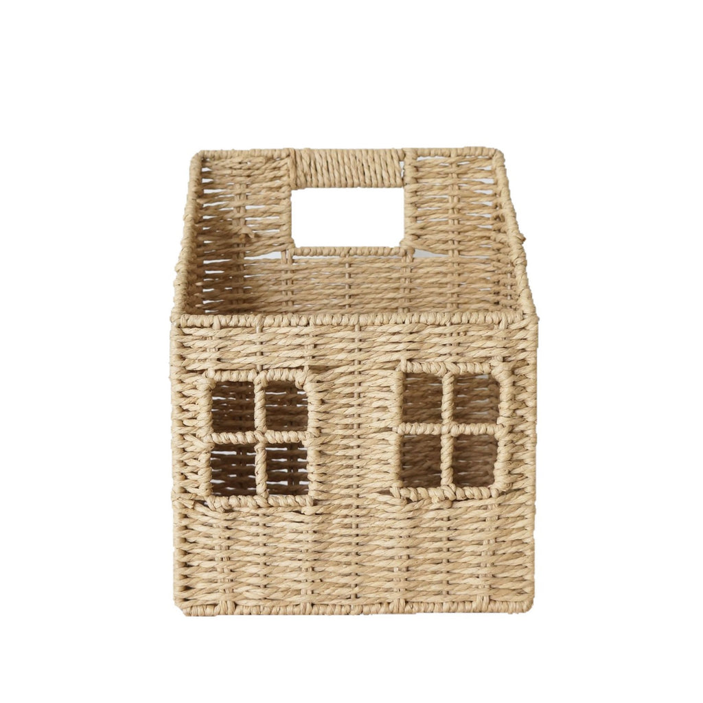 Wall Mounted Woven Straw House Storage Basket Handmade Rattan Wall Organizer with Wooden Handle and Lattice Window Design, Rustic Farmhouse Decorative Wall Hanging Shelf for Keys, Mail, Small Plants -cc-092007