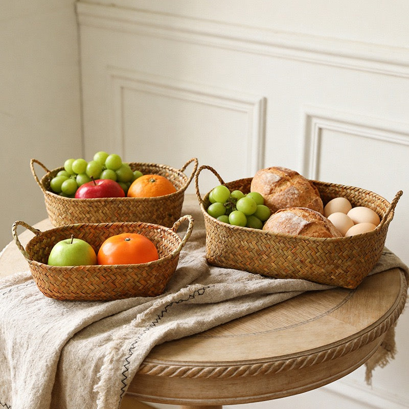 Woven Fruit & Bread Basket with Handles – Natural Rattan Storage Basket for Kitchen Countertop & Dining Table-cc-092408