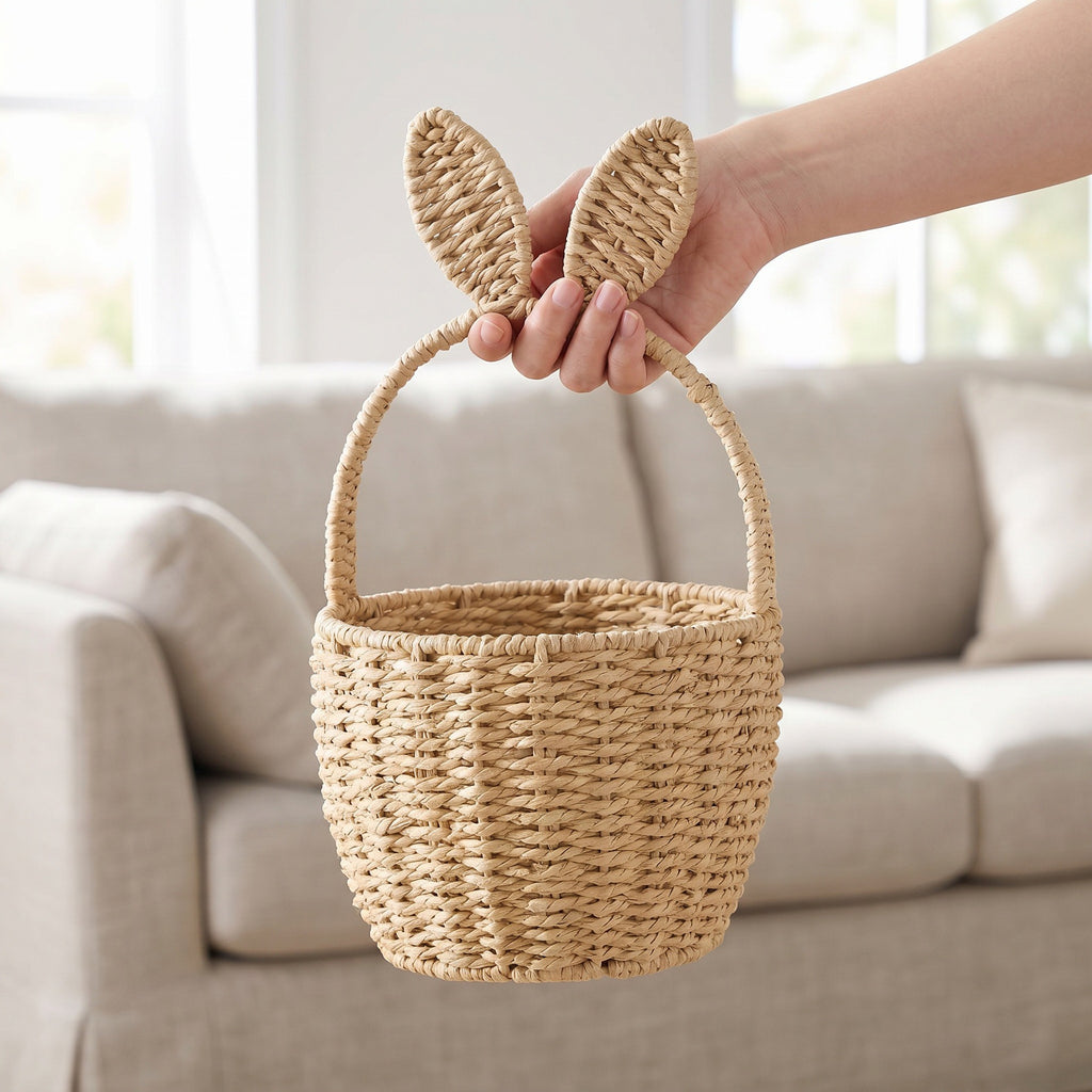 Woven Bunny Ear Easter Basket with Handle – Decorative Egg Hunt & Gift Basket for Kids-091621-cc