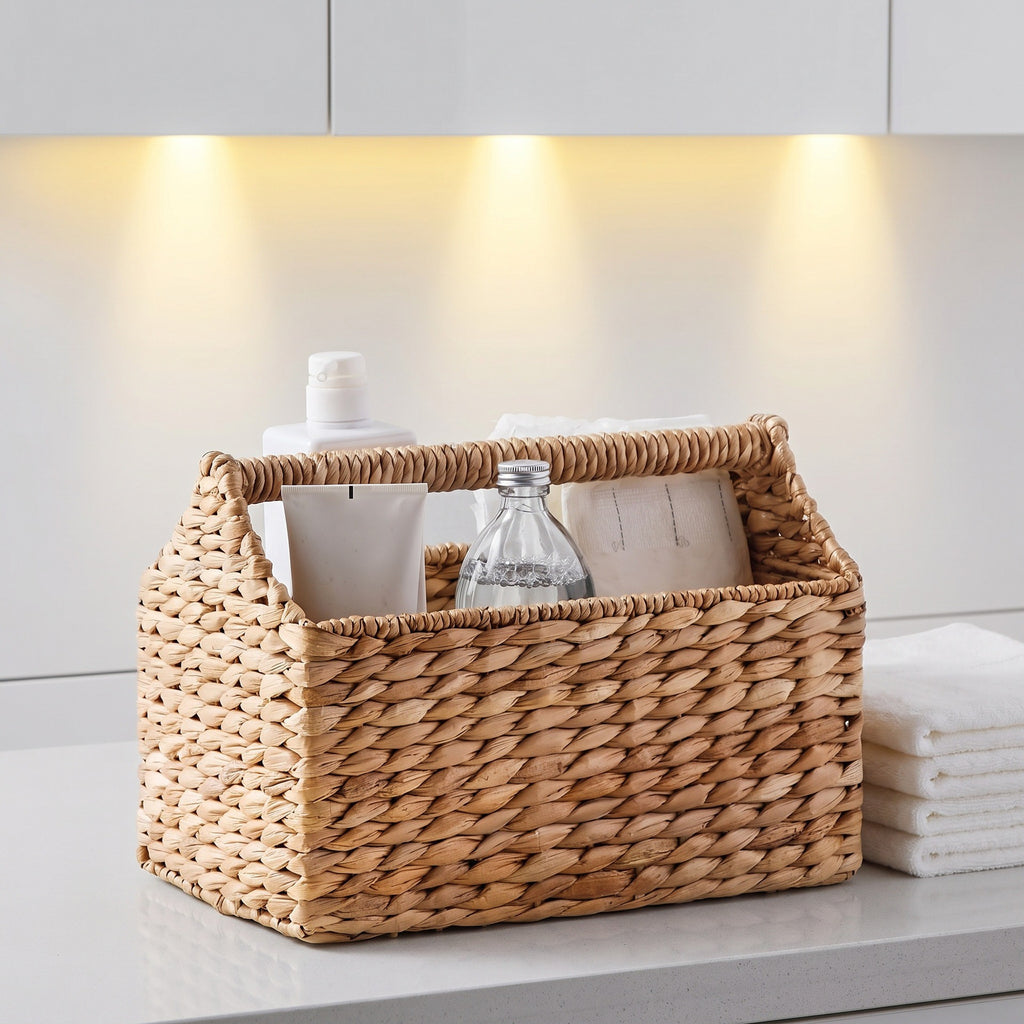 Water Hyacinth Storage Basket with Carry Handle, Woven Bathroom Organizer for Toiletries, Towels & Home Essentials-cc-091816