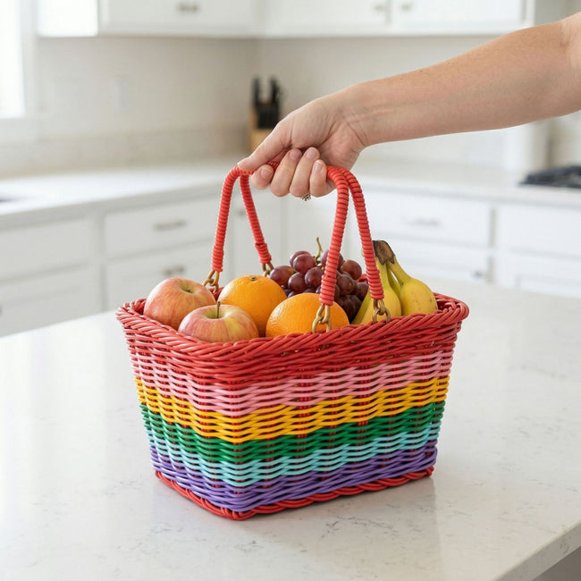 Colorful Woven Picnic Basket with Handles – Multi-Purpose Carry & Storage Basket for Fruit, Crafts, Shopping and Outdoor Use-cc-092006 Main Image