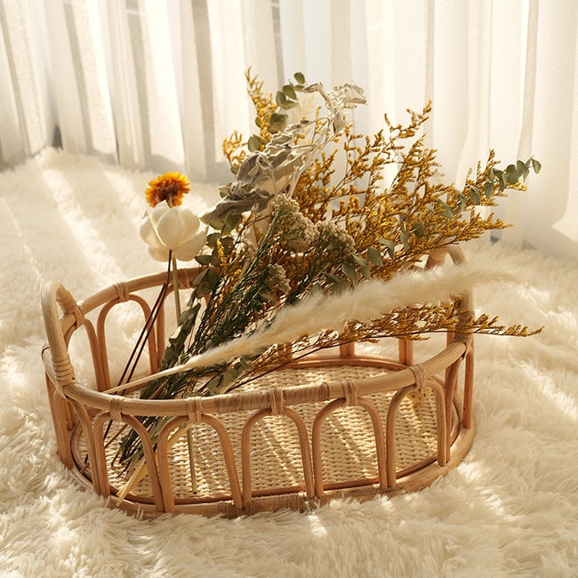 Oval Woven Rattan Serving Tray with Handles – Decorative Coffee Table & Home Organizer Basket-091615-cc Hover Image
