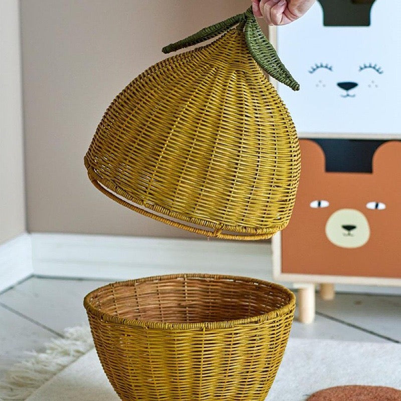 Handwoven Rattan Egg Shaped Storage Basket with Lid-Cute Fruit Shape Organizer for Nursery, Kitchen and Living Room-cc-091807