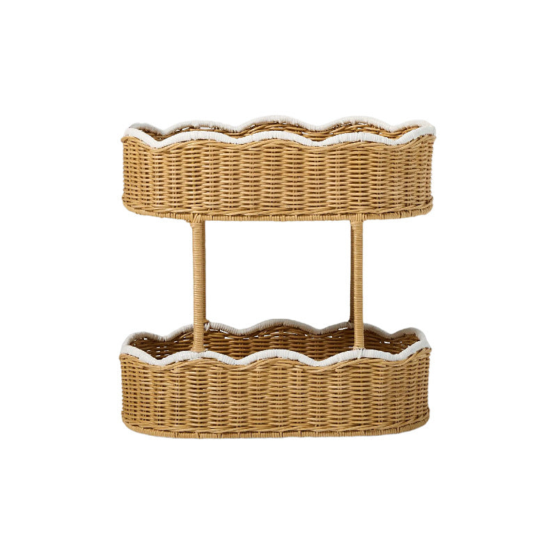 Double Layer Wicker Storage Basket with White Trim, Handwoven Rattan Nursery Organizer for Baby Lotion, Toys & Essentials -ZENG-091703