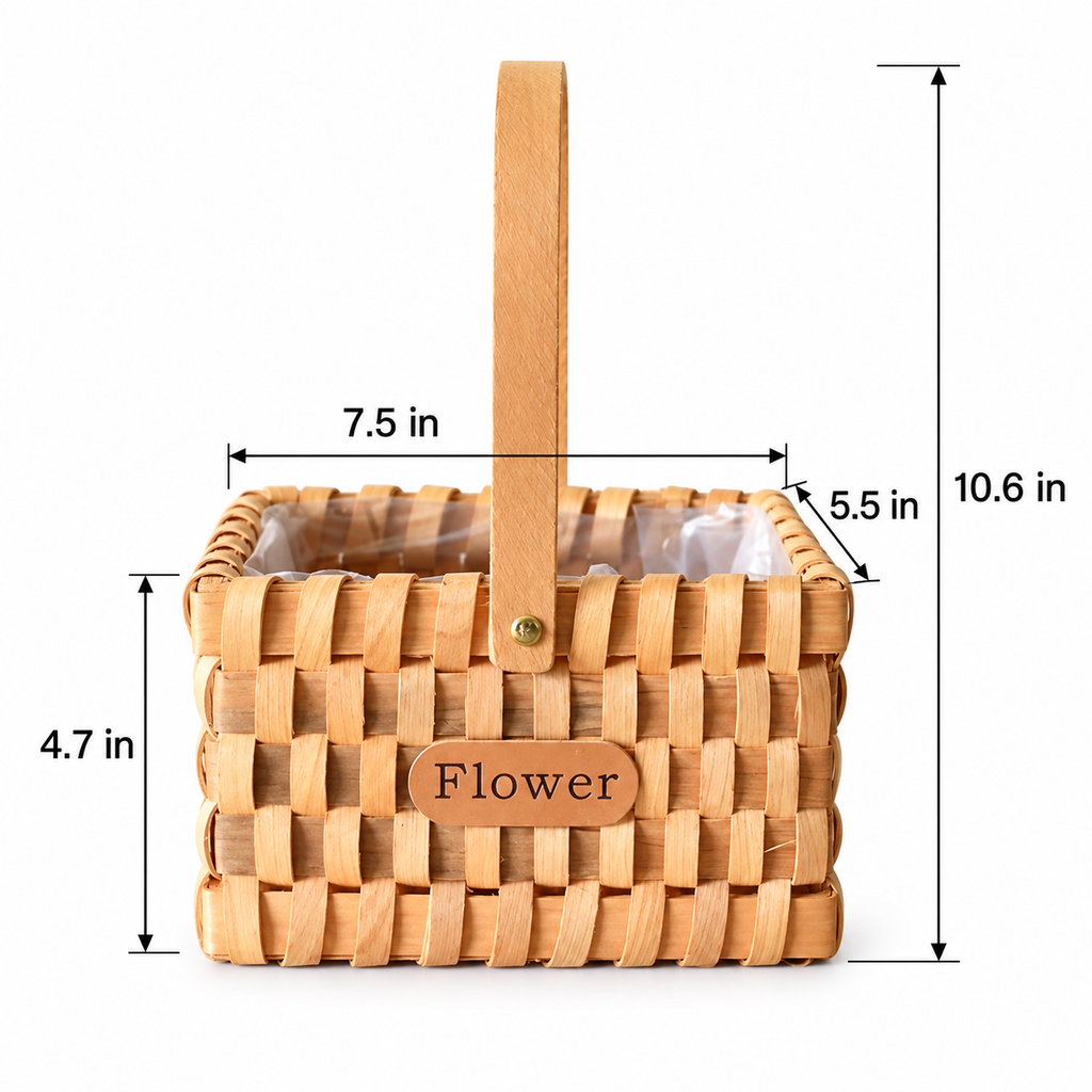 Hand Woven Wooden Flower Basket with Single Wood Handle, Rectangular Woven Planter Basket with Liner for Floral Arrangement, Wedding Decor & Gift -ZENG-091605