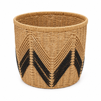 Round Woven Storage Basket with Black Chevron Pattern, Handwoven Seagrass Bin for Towels, Toys, Blankets & Boho Home Decor -ZENG-092403