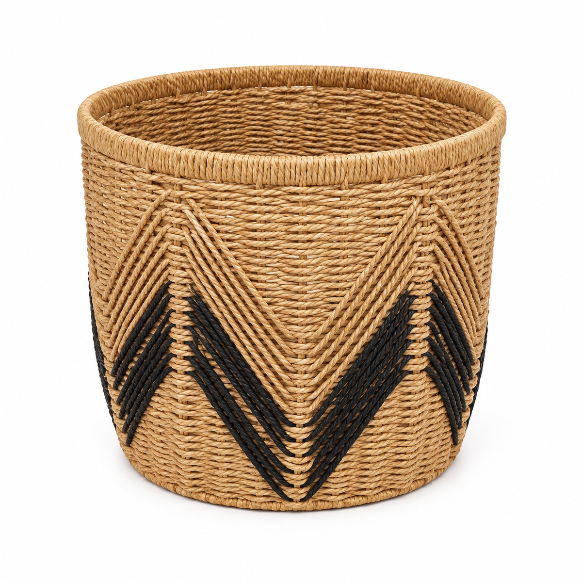 Round Woven Storage Basket with Black Chevron Pattern, Handwoven Seagrass Bin for Towels, Toys, Blankets & Boho Home Decor -ZENG-092403