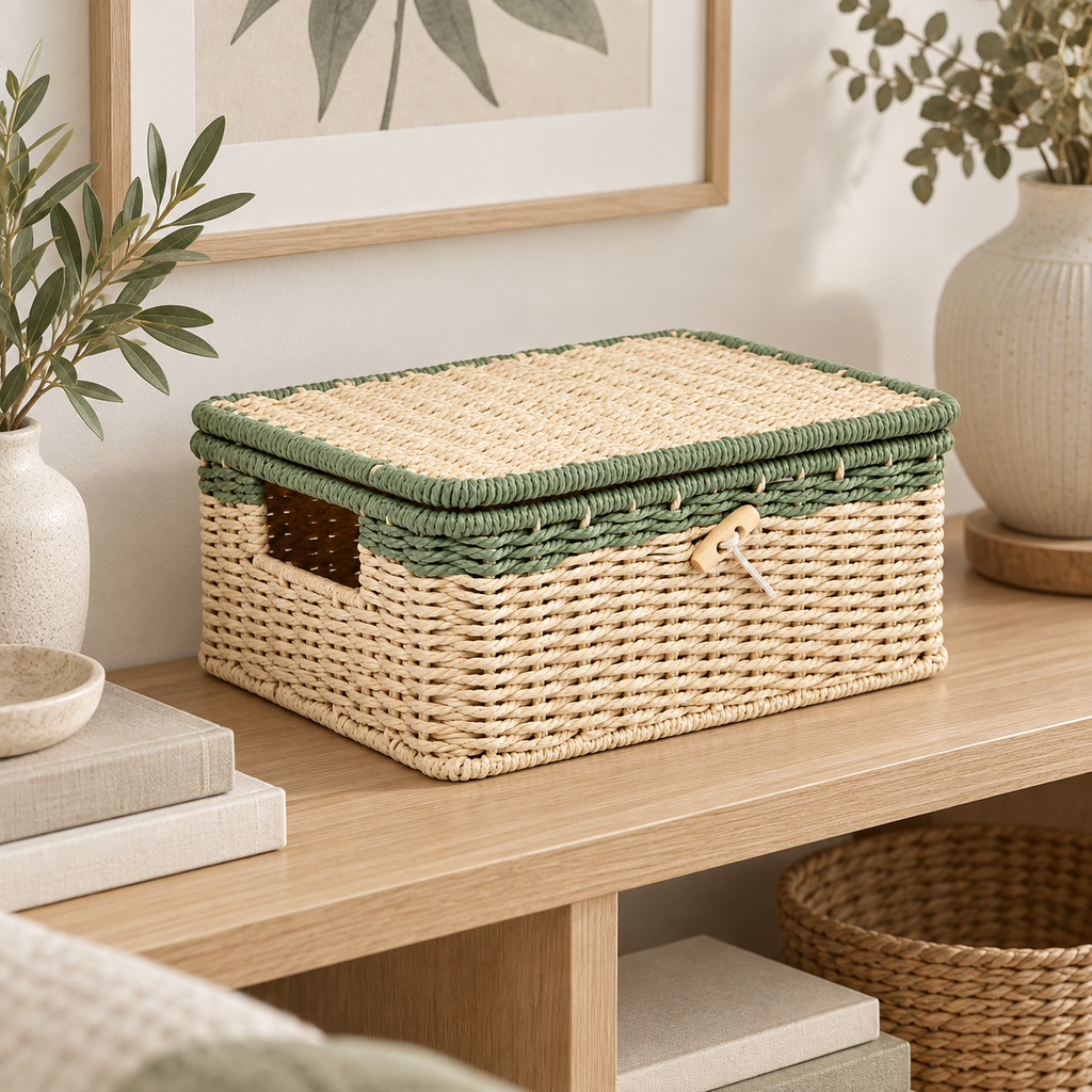 Woven Storage Basket with Lid & Wooden Button, Handmade Rattan Organizer Box with Green Trim and Cutout Handle for Desk, Shelf & Gift -ZENG-091809