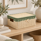 Woven Storage Basket with Lid & Wooden Button, Handmade Rattan Organizer Box with Green Trim and Cutout Handle for Desk, Shelf & Gift -ZENG-091809