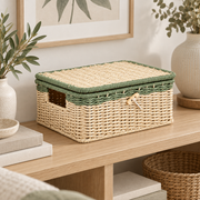 Woven Storage Basket with Lid & Wooden Button, Handmade Rattan Organizer Box with Green Trim and Cutout Handle for Desk, Shelf & Gift -ZENG-091809