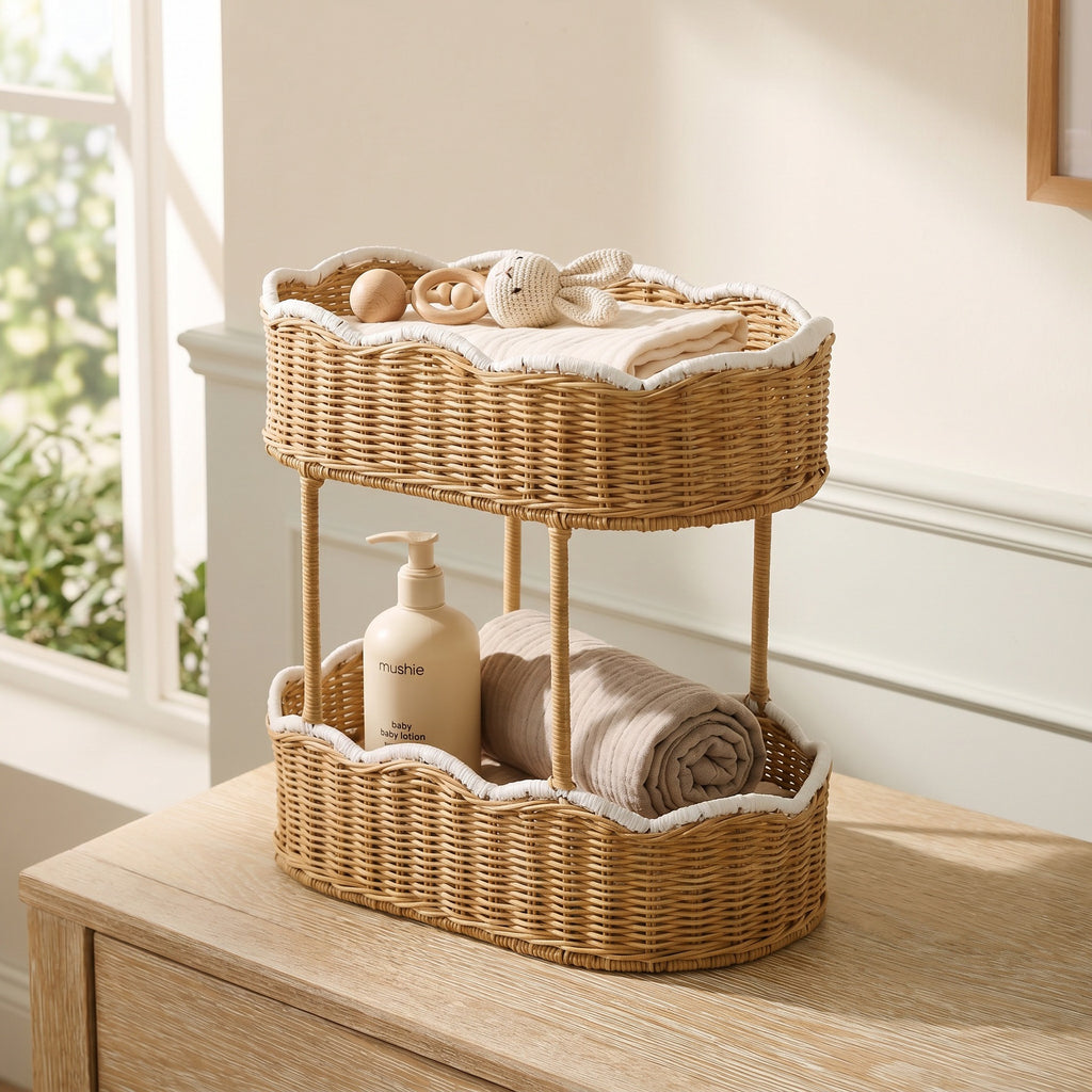 Double Layer Wicker Storage Basket with White Trim, Handwoven Rattan Nursery Organizer for Baby Lotion, Toys & Essentials -ZENG-091703