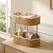 Double Layer Wicker Storage Basket with White Trim, Handwoven Rattan Nursery Organizer for Baby Lotion, Toys & Essentials -ZENG-091703