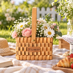 Hand Woven Wooden Flower Basket with Single Wood Handle, Rectangular Woven Planter Basket with Liner for Floral Arrangement, Wedding Decor & Gift -ZENG-091605
