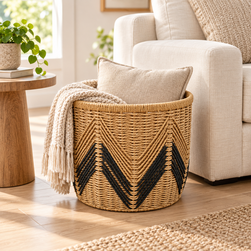 Round Woven Storage Basket with Black Chevron Pattern, Handwoven Seagrass Bin for Towels, Toys, Blankets & Boho Home Decor -ZENG-092403