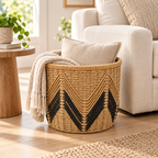 Round Woven Storage Basket with Black Chevron Pattern, Handwoven Seagrass Bin for Towels, Toys, Blankets & Boho Home Decor -ZENG-092403