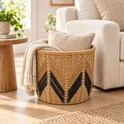 Round Woven Storage Basket with Black Chevron Pattern, Handwoven Seagrass Bin for Towels, Toys, Blankets & Boho Home Decor -ZENG-092403