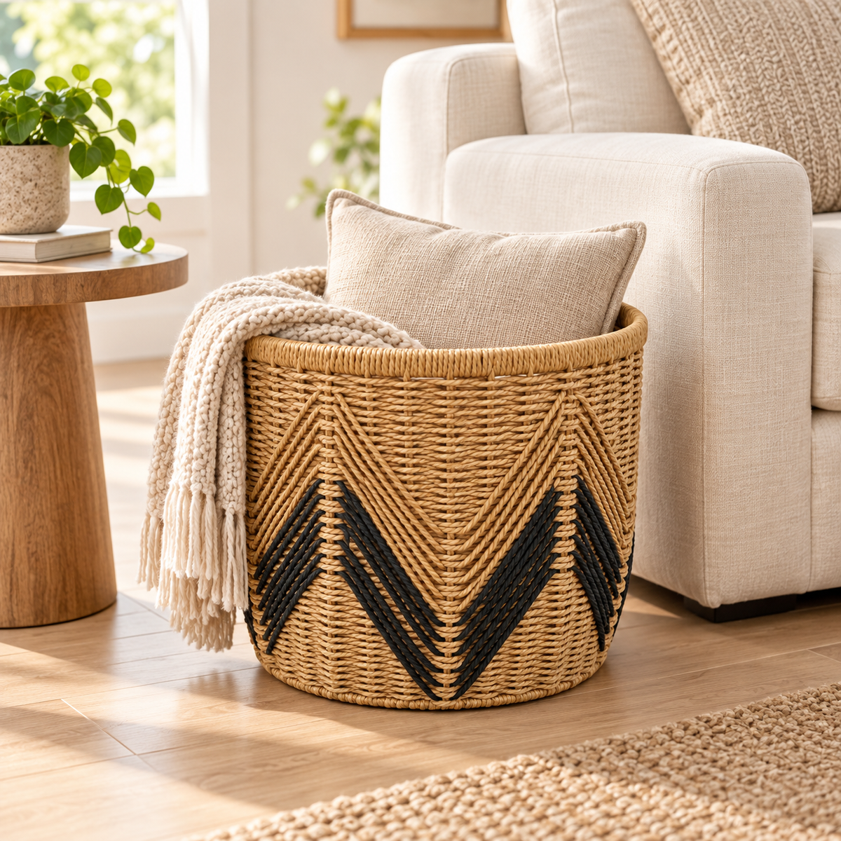 Round Woven Storage Basket with Black Chevron Pattern, Handwoven Seagrass Bin for Towels, Toys, Blankets & Boho Home Decor -ZENG-092403