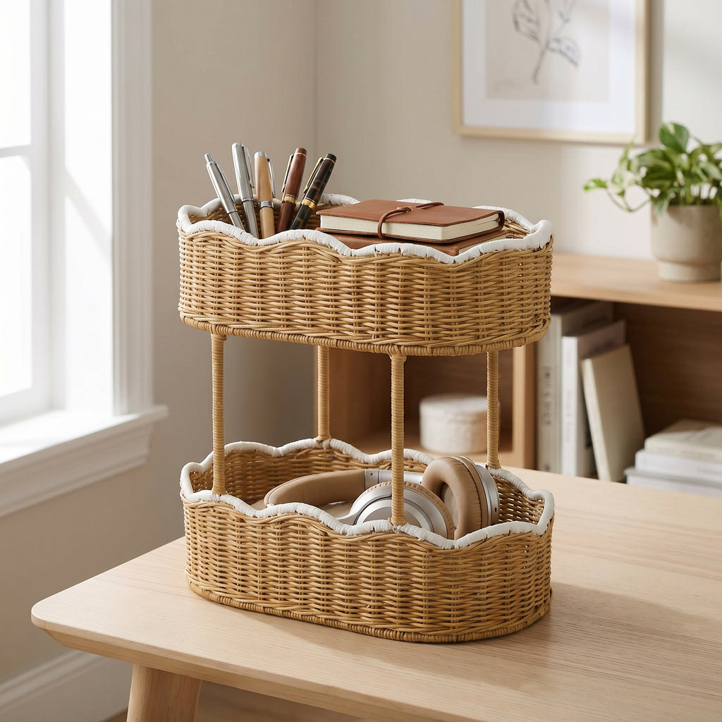 Double Layer Wicker Storage Basket with White Trim, Handwoven Rattan Nursery Organizer for Baby Lotion, Toys & Essentials -ZENG-091703