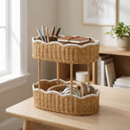 Double Layer Wicker Storage Basket with White Trim, Handwoven Rattan Nursery Organizer for Baby Lotion, Toys & Essentials -ZENG-091703