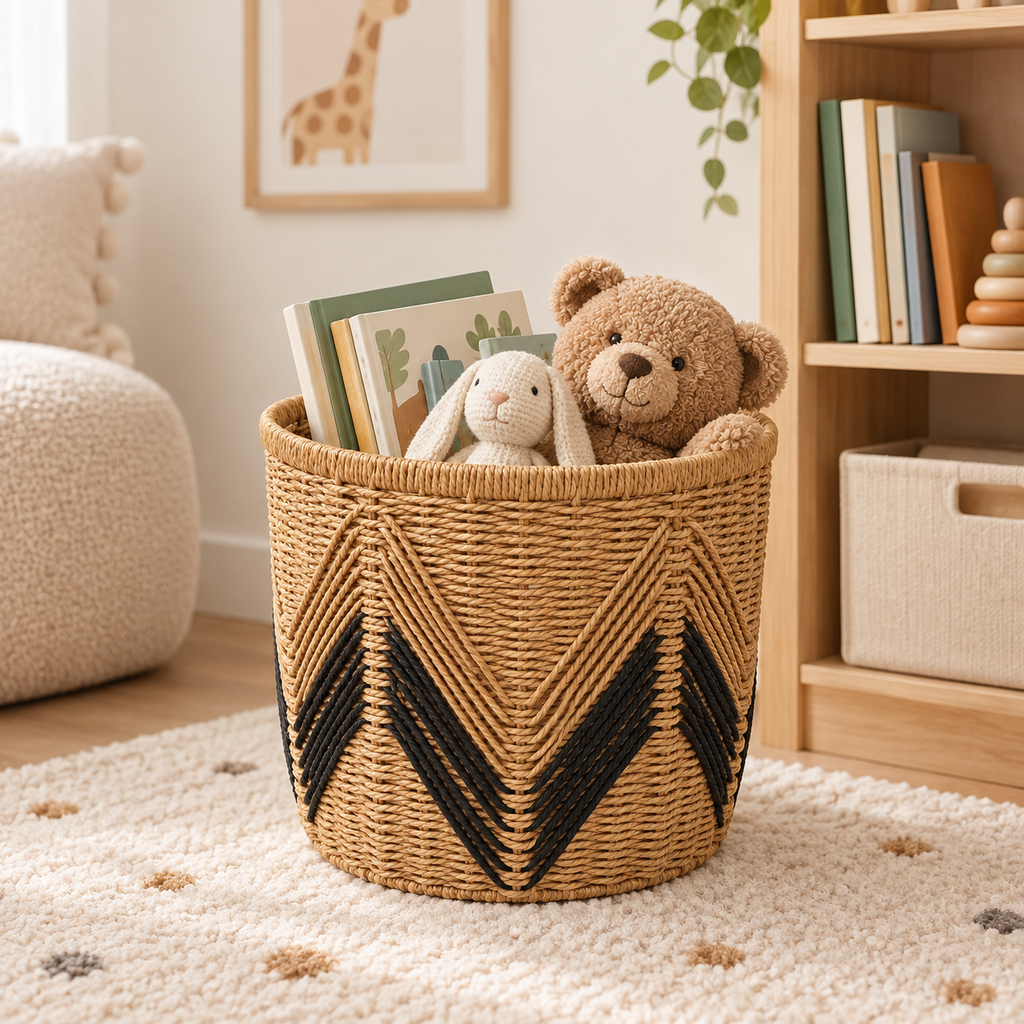 Round Woven Storage Basket with Black Chevron Pattern, Handwoven Seagrass Bin for Towels, Toys, Blankets & Boho Home Decor -ZENG-092403
