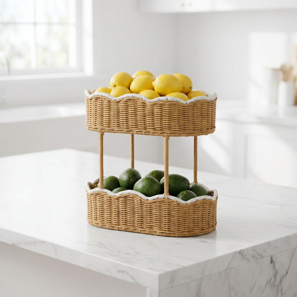Double Layer Wicker Storage Basket with White Trim, Handwoven Rattan Nursery Organizer for Baby Lotion, Toys & Essentials -ZENG-091703