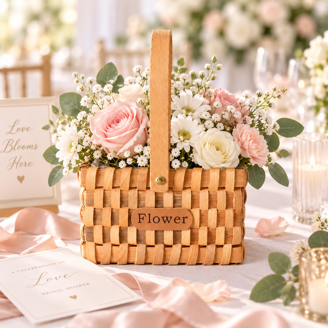Hand Woven Wooden Flower Basket with Single Wood Handle, Rectangular Woven Planter Basket with Liner for Floral Arrangement, Wedding Decor & Gift -ZENG-091605 Hover Image