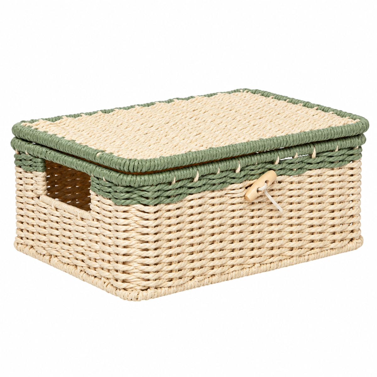 Woven Storage Basket with Lid & Wooden Button, Handmade Rattan Organizer Box with Green Trim and Cutout Handle for Desk, Shelf & Gift -ZENG-091809
