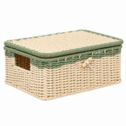 Woven Storage Basket with Lid & Wooden Button, Handmade Rattan Organizer Box with Green Trim and Cutout Handle for Desk, Shelf & Gift -ZENG-091809