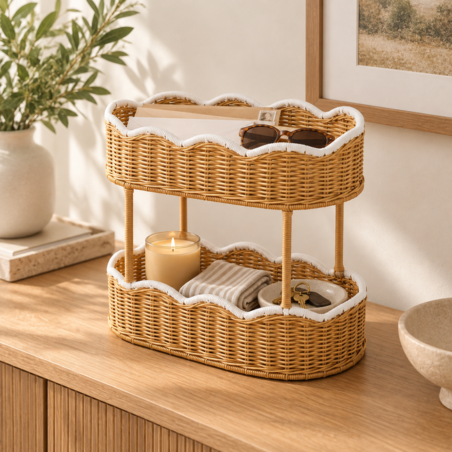 Double Layer Wicker Storage Basket with White Trim, Handwoven Rattan Nursery Organizer for Baby Lotion, Toys & Essentials -ZENG-091703 Hover Image